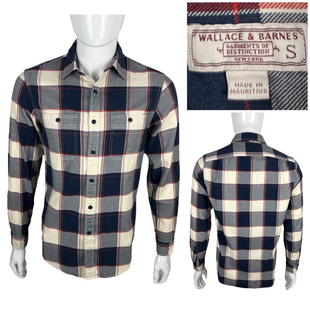 Wallace & Barnes Mens Small Shirt Flannel 100% Cotton Classic Fit Blue Cream EUC